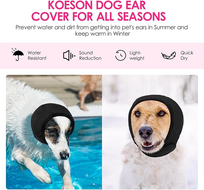 KOESON Dog Calming Hoodie - No Shake Ear Wraps for Dogs, Anxiety Relief & Noise Protection, Water Resistant Pet Ear Cover Muffs for Thunderstorms, Swimming, Firework, Grooming, Bathing, Black M