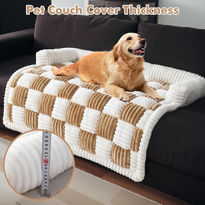 LiveGo Fuzzy Pet Couch Covers for Sofa, Dog Couch Cover Fuzzy Sofa Cover Cream Square Plaid Dog Bed Plush Dog Mat for Furniture Protector for Large Medium Dogs and Cats (Light Brown, 35.4"*35.4")