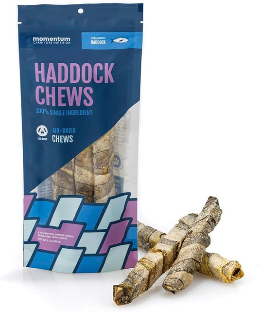 Momentum Carnivore Nutrition Haddock Dog Chews – Single Ingredient Icelandic Haddock Skin Treats – Natural Dental Support, High-Protein Fish – Healthy Long-Lasting Chews for Dogs - 3.1 oz Bag