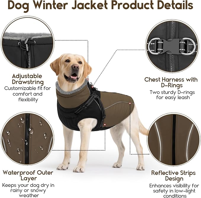 ASENKU Reflective Dog Coat with Built-in Harness, Windproof Fleece-Lined Dog Jacket for Small, Medium, Large Dogs, Warm Winter Vest with Turtleneck & Zipper (Khaki S)