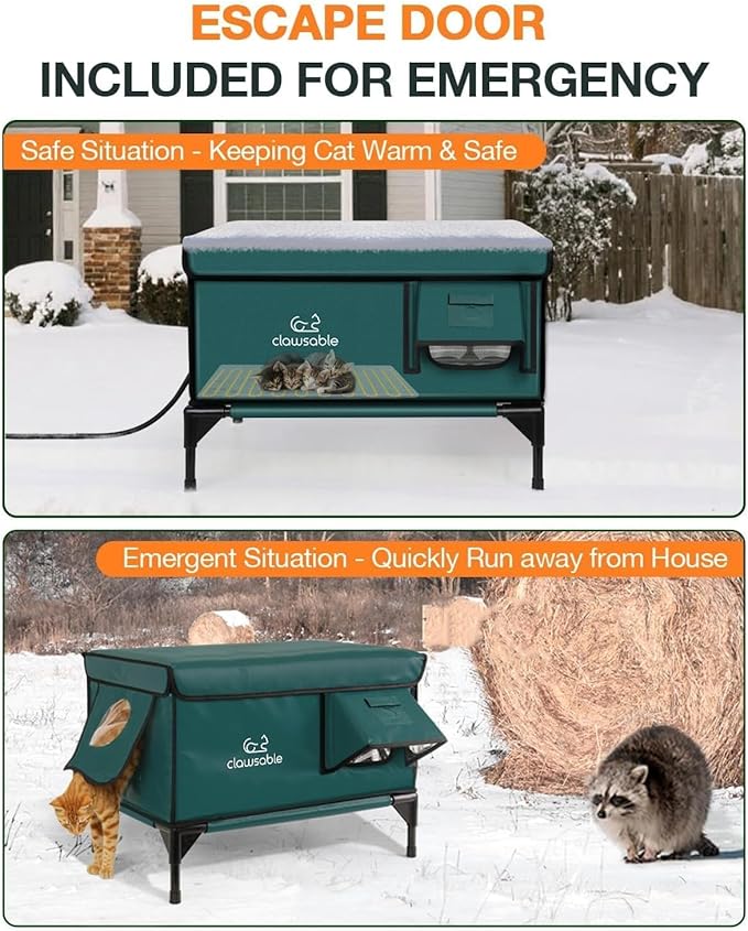 Indestructible Heated Cat House for Outside Winter, 100% Waterproof, Safe Escape Door, Insulated Outdoor Cat Shelter with Heater for Feral Barn Cat Kitty (Forest Green, 24"x15"x18")