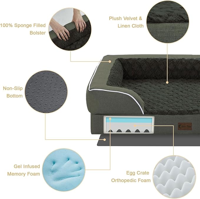 Orthopedic Dog Beds for Large Sized Dogs, Waterproof Memory Foam Large Pet Bed with Sides 36x27Inch, Non-Slip and Egg-Crate Foam Big Dog Couch Bed with Removable Washable Cover, Dark Green