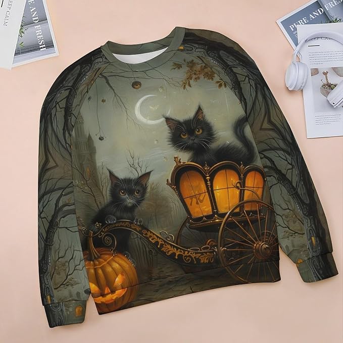 Womens novelty funny cat printed crewneck sweatshirt casual loose long sleeve graphic pullover sweatshirts tops