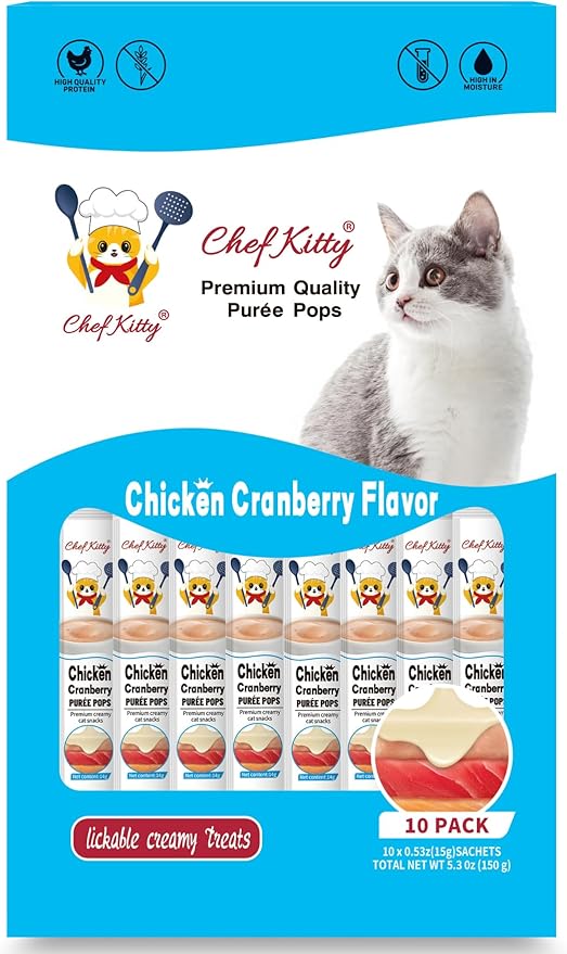 Chef Kitty Purée Pops, Cat Treats, Grain-Free, Lickable, Squeezable Creamy Cat Treat/Topper with Vitamin E & Taurine, 0.5 Ounces Each Tube, 10 Tubes, Chicken with Cranberry Recipe
