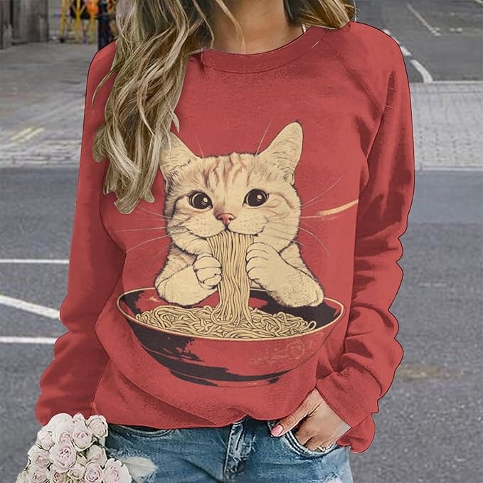 Womens Ugly Christmas Sweatshirt Funny Cat Dog Printed Xmas Pullover Shirts Crewneck Long Sleeve Graphic Hoodies