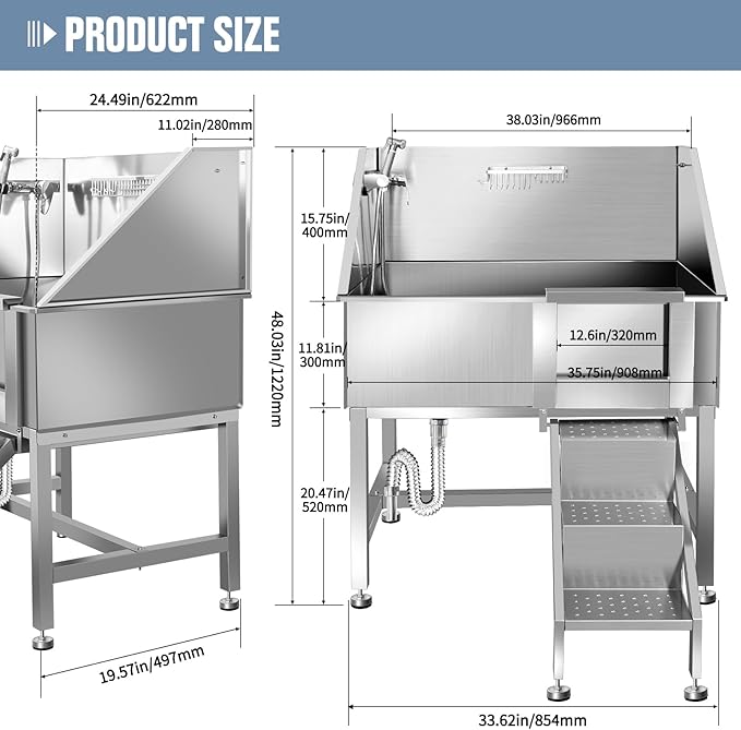 38" Dog Washing Station, Professional Stainless Steel Dog Bathing Station, Equipped with Anti-Slip Ramp, Removable Door, Upgraded Spray Nozzle&Hose - Ideal for Home, Pet Grooming Salon,R-RAMP
