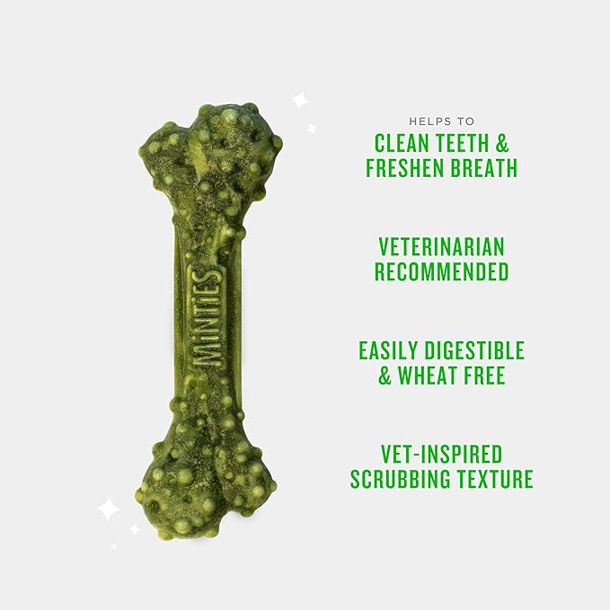 Minties Dog Dental Bone Treats, Tiny/Small Dental Dog Treats, 16 Ounces, Cleans Teeth, Fight Bad Breath, Removes Plaque and Tartar, 16 Count