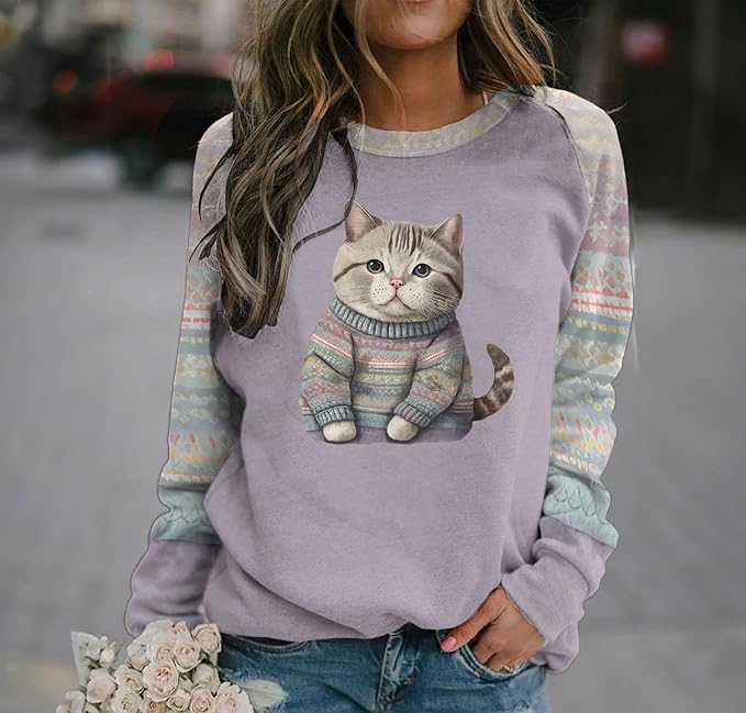 IVERIRMIN Womens 3D Cat Crewneck Sweatshirts Casual Cute Long Sleeve Shirts Pullover Tops Graphic Loose Fit Sweater for Women
