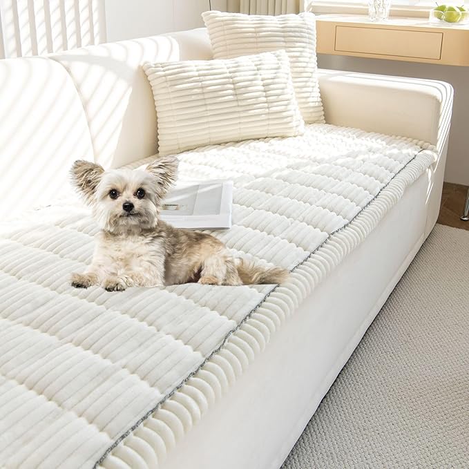 Faux Fur Plush Dog Couch Cover 3D Stripe Fuzzy Sofa Cover Non-Slip Fluffy Dog Bed Cover Pet Blanket Sofa Couch Furniture Protector for Puppy Large Dog Cat (Cream,31"x63")