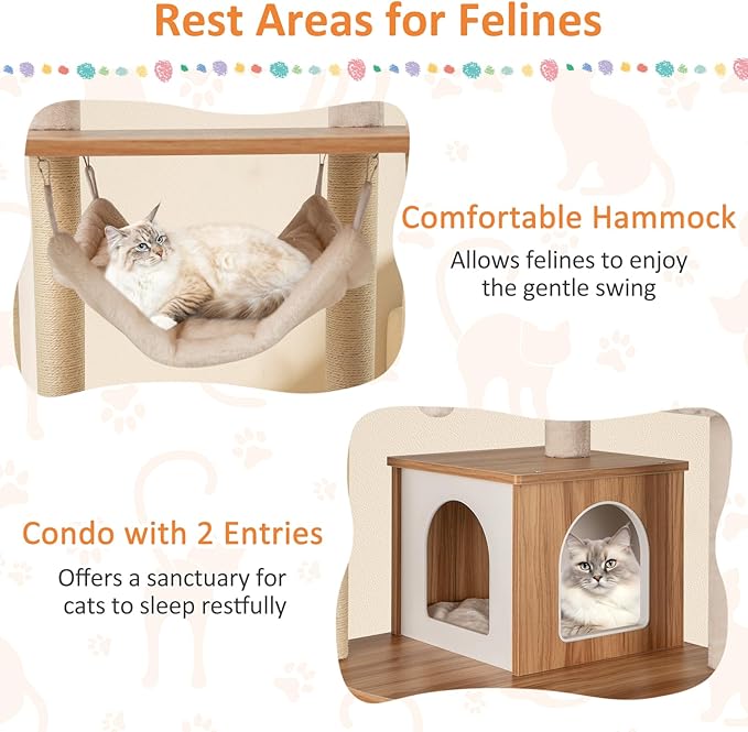 PETSITE 68-inch Modern Tall Cat Tree for Indoor Cats, Multi-Level Wooden Cat Tree Tower with Sisal Scratching Posts, 3 Top Perches, Cat Condo, Comfy Hammock, Sisal Ramp, and Jingling Balls