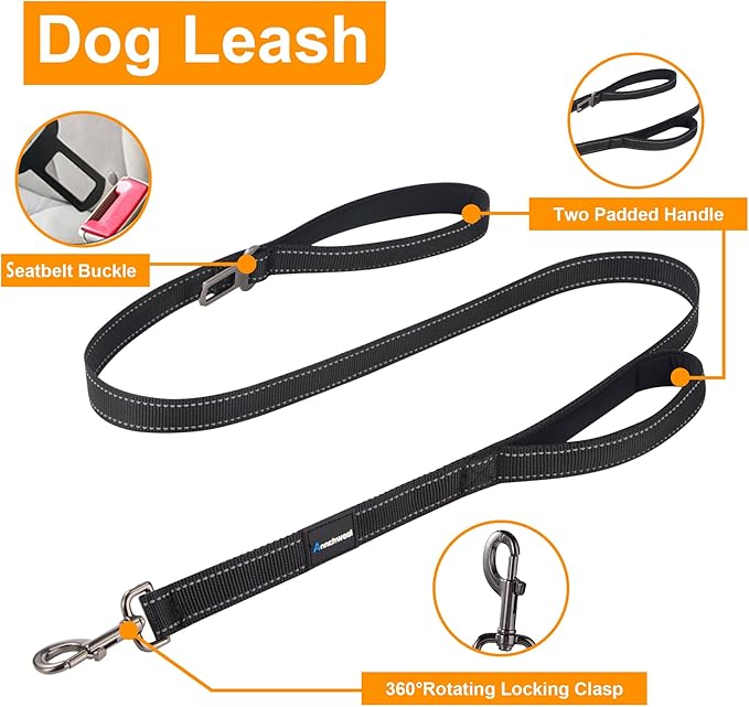 Annchwool No Pull Dog Harness, Collar & Leash Set|Reflective Dog Harness+Heavy Duty Dog Collar+Dog Leash with Double Handle & Car Seatbelt Clip|Easy for Walking Medium Large Size Dogs(Black,L)