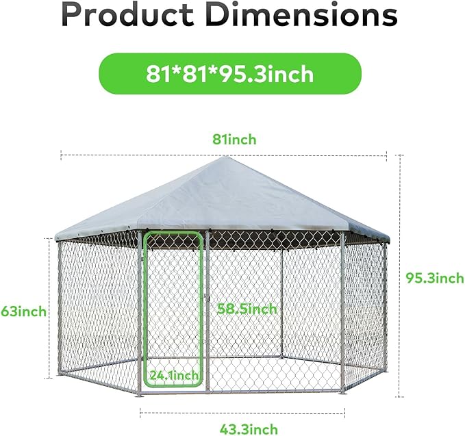 6.8x6.8 ft Large Outdoor Dog Kennel, Heavy-Duty Galvanized Wire Mesh Dog Enclosure with Waterproof Cover & Secure Lock,Hexagonal Cage for Large Dogs