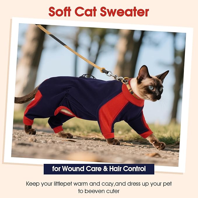 DENTRUN Cat Clothes with Anti-Shedding Fabric - Soft Recovery Suit & Breathable Lint-Resistant Cat Sweater for Wound Care & Hair Control, Kitten Onesie Pajamas, XL, Dark Blue