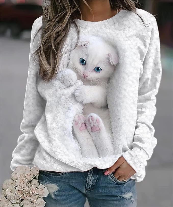 TIAFORD Womens Cute Cats Graphic Crewneck Sweatshirt Winter Trendy Casual Plus Size Long Sleeve Shirt for Cats Lovers