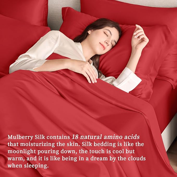 THXSILK Silk Sheet Set 4Pcs, 6A+ Top Grade 100% Natural Mulberry Silk Bed Sheets, Luxury Bedding Sets Ultra Soft Durable Safe Material, 1 Fitted Sheet, 1 Flat Sheet and 2 Pillow Shams (King, Red)