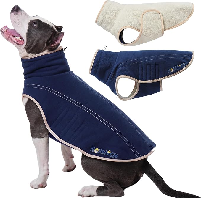 ROZKITCH Reversible Big Dog Sweater for Large, Thick Dog Vest Fleece Sherpa Sweater, Adjustable Double-Sided Plush Sweatshirt for Outdoor Hiking Climbing Walking Large Breeds DarkBlue 2XL