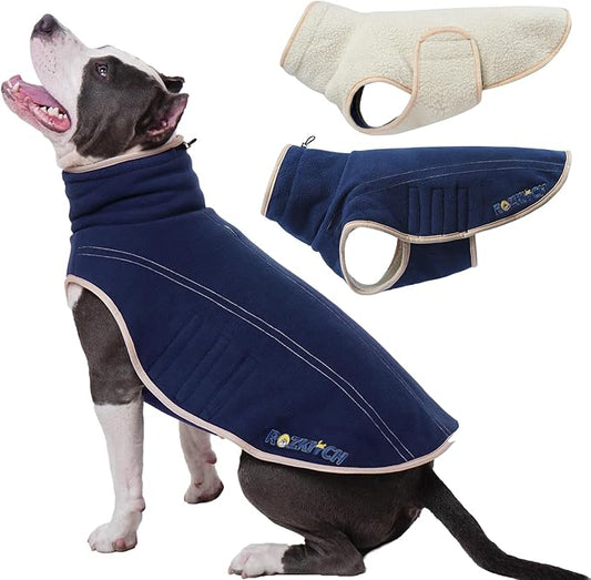 ROZKITCH Reversible Big Dog Sweater for Large, Thick Dog Vest Fleece Sherpa Sweater, Adjustable Double-Sided Plush Sweatshirt for Outdoor Hiking Climbing Walking Large Breeds DarkBlue 2XL