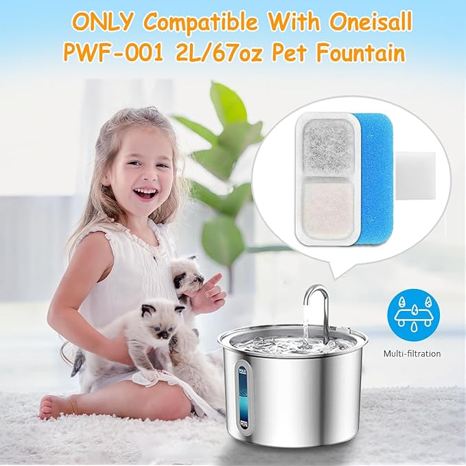 18 Set Cat Fountain Replacement Filters Compatible with oneisall PWF-001 2L/67oz Stainless Steel Pet Water Fountain Filters with Replacement Pre-Filter Pump Sponges