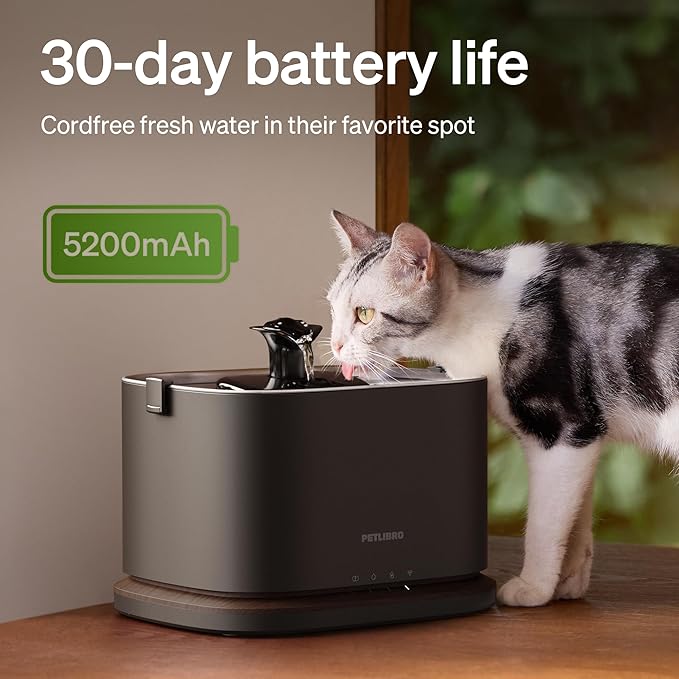 PETLIBRO Upgrade Cordless Cat Water Fountain + 8 Packs Genuine Cat Fountain Filter Replacement, App Monitoring 3L/101oz Dockstream 2 Pet Water Fountain with Stainless Steel Tray, 4-Month Set Easy-Swap