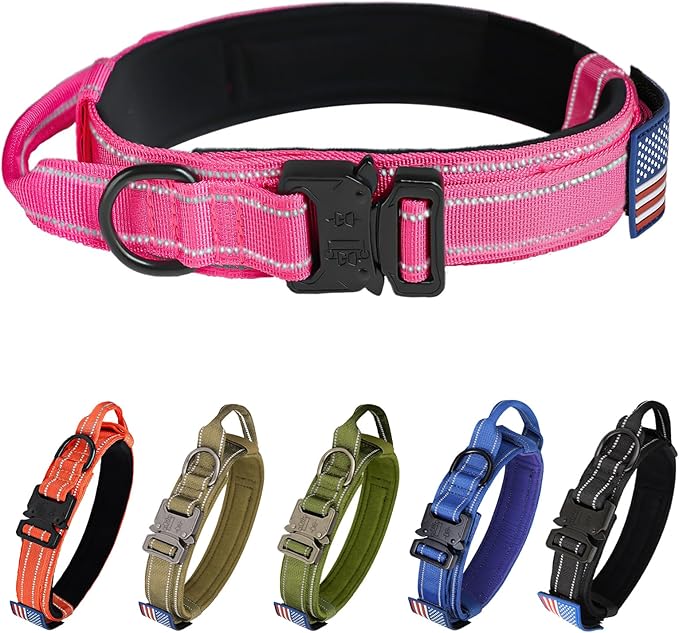 KCUCOP Tactical Dog Collar for Medium & Large Dogs - Military Nylon Heavy Duty Collar with Handle, Reflective Strip & Metal Buckle for Training (Pink Reflective, XL)