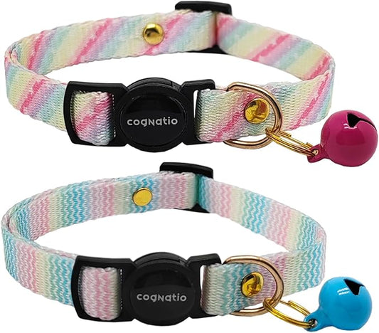 2 Pack Breakaway cat Collars with Bell,Safety Quick Release Pendant Cute Kitten Collar,Adjustable 20-30cm (Rainbow02, 20-30cm)