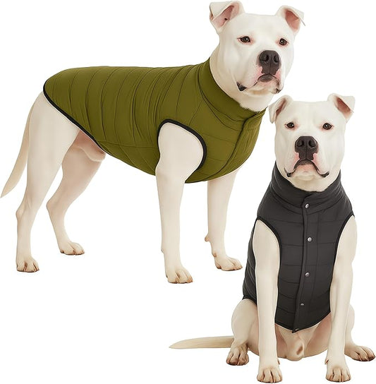 LovinPet Reversible Dog Puffer Coat for Medium & Large Dogs, Down‑Insulated Winter Jacket, Water‑Resistant & Wind‑Resistant, Anti‑Static, Dual-Sided Dark Green & Grey for Cold Weather,XL