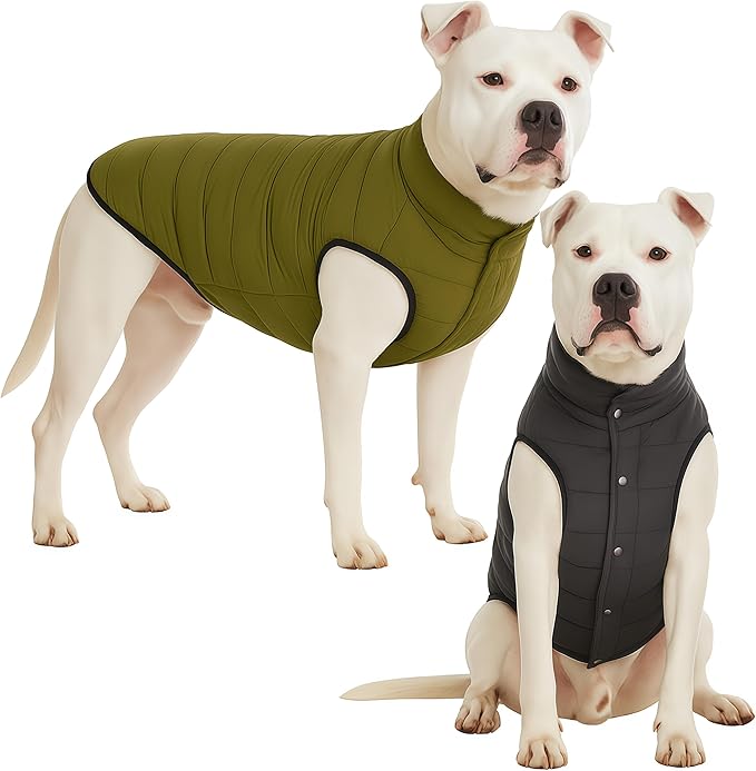LovinPet Reversible Dog Puffer Coat for Medium & Large Dogs, Down‑Insulated Winter Jacket, Water‑Resistant & Wind‑Resistant, Anti‑Static, Dual-Sided Dark Green & Grey for Cold Weather,3XL