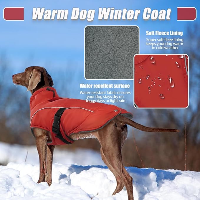 DENTRUN Winter Warm Dog Coat Reflective Jacket with Turtleneck for Cold Weather, Adjustable Buckle Windproof Water Repellent, Thick Snowsuit Fleece Vest for Small, Medium, Large Dogs, Red, M