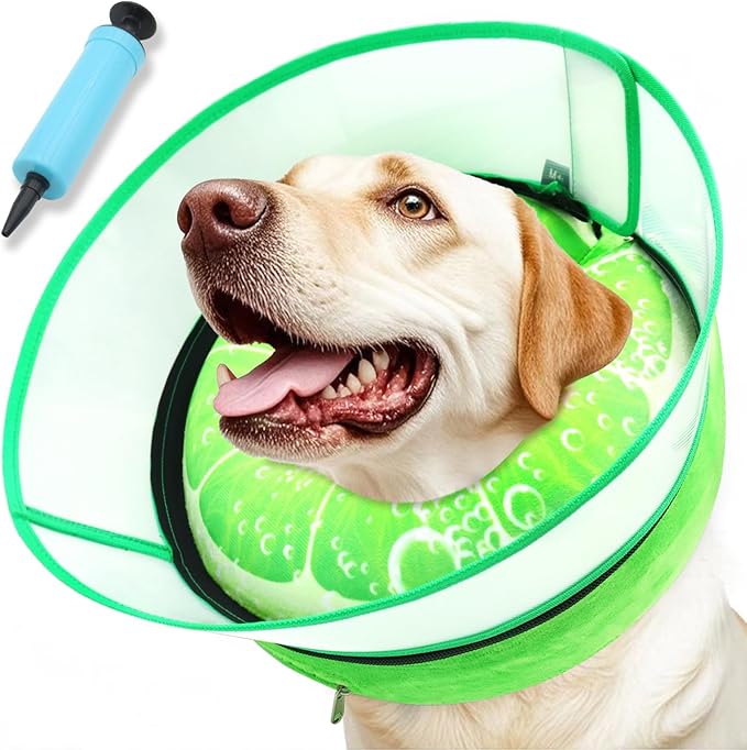 Upgraded Inflatable Dog Cone Collar with Transparent Anti-Licking Shield, Adjustable Elizabethan Collar for Medium Large Dogs, 2-in-1 Design with Detachable Shield and Soft Padding (XL, Lime)