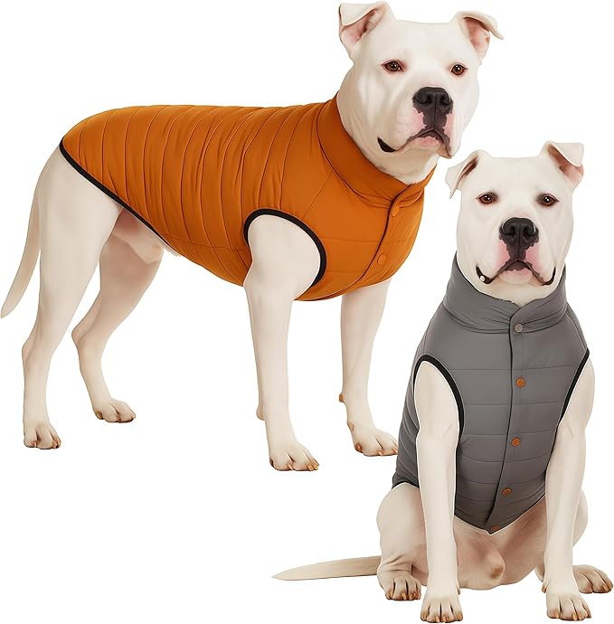 LovinPet Reversible Dog Puffer Coat for Medium & Large Dogs, Down‑Insulated Winter Jacket, Water‑Resistant & Wind‑Resistant, Anti‑Static, Dual-Sided Khaki & Grey for Cold Weather,L