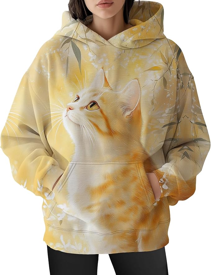 Womens Cat Print Hoodies Trendy Funny Cat Graphic Long Sleeve Sweatshirt Y2k Streetwear Hooded Pullover Tops