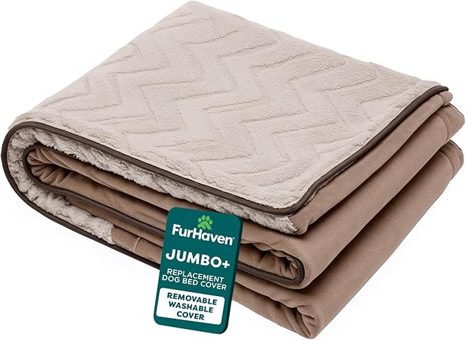 FurHaven Dog Bed Cover Replacement, Sofa-Style Design with Soft, Breathable Fabric for Cozy Comfort, Machine Washable, Jumbo Plus/XXL, Plush & Velvet Waves, Brownstone