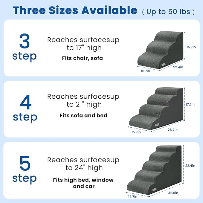 Dog Steps for Bed, 4 Step Pet Stairs for Small and Medium Dogs, Non-Slip Dog Ramp with Washable Cover, High-Density Support Foam for Easy Climbing,Grey