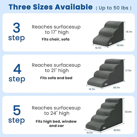 Dog Stairs for Small Dogs and Cats – 3 Step Pet Ramp for Couch & Sofa, Non-Slip Dog Steps for Pets, Washable Cover, High-Density Support Foam for Easy Climbing,Grey
