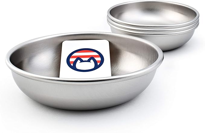 Stainless Steel Cat Bowls for Food & Water by Americat – Made in USA – Dishwasher Safe, Human Grade, Whisker Friendly Dishes (4 Bowls)