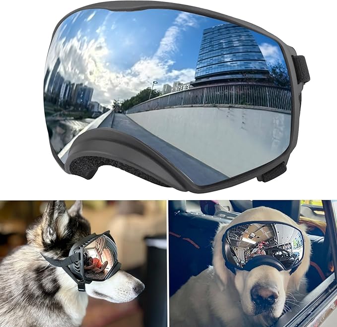 PETLESO Dog Goggles for Medium to Large Breed, UV Protection Dog Sunglasses Wide Version Windproof Eye Wear for Outdoor Driving/Riding/Hiking, Adjustable, Silver Mirror Lens