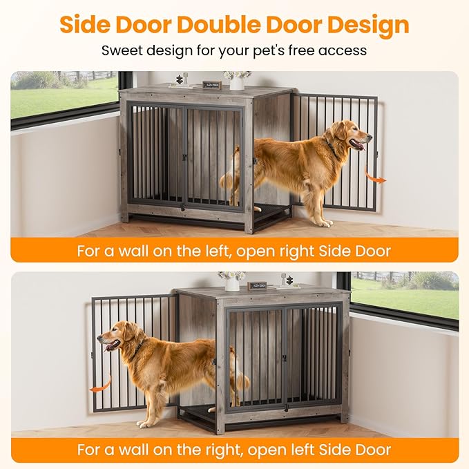Dog Crate Furniture, 42 InchI ndoor Large Dog Kennel for Medium to Large Dogs Up to 70 LBS, Heavy Duty Wooden Pet Cage End Table with 3 Doors, Alloy Steel Frame & Removable Tray