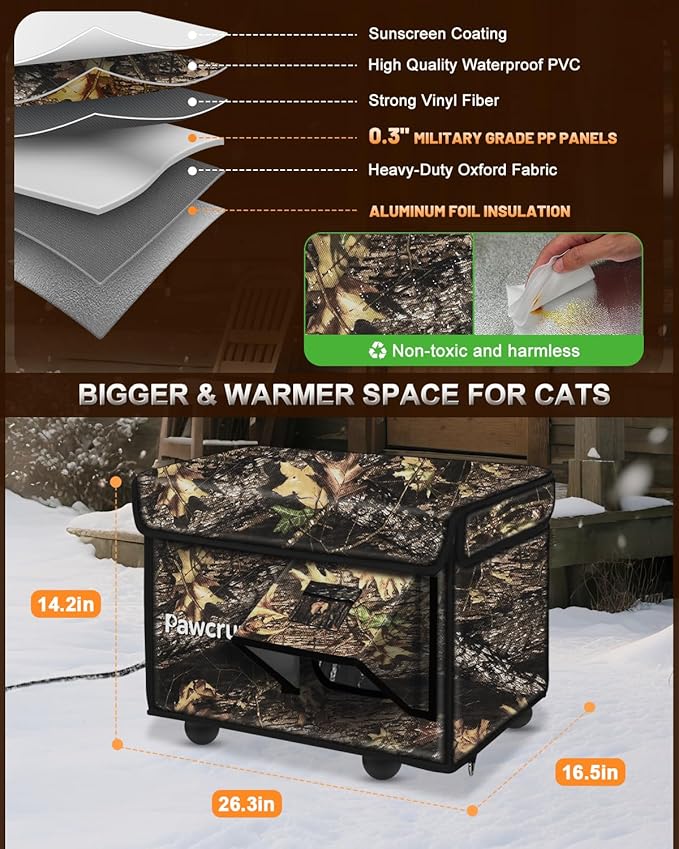 Heated Cat House for Outside with Dual Doors, Insulated Cat House Outdoor with Heating Pad, Weatherproof Heated Outdoor Cats Houses Weatherproof for Feral Cats (Leaf, 17.5" L x 12" W x 13" H)