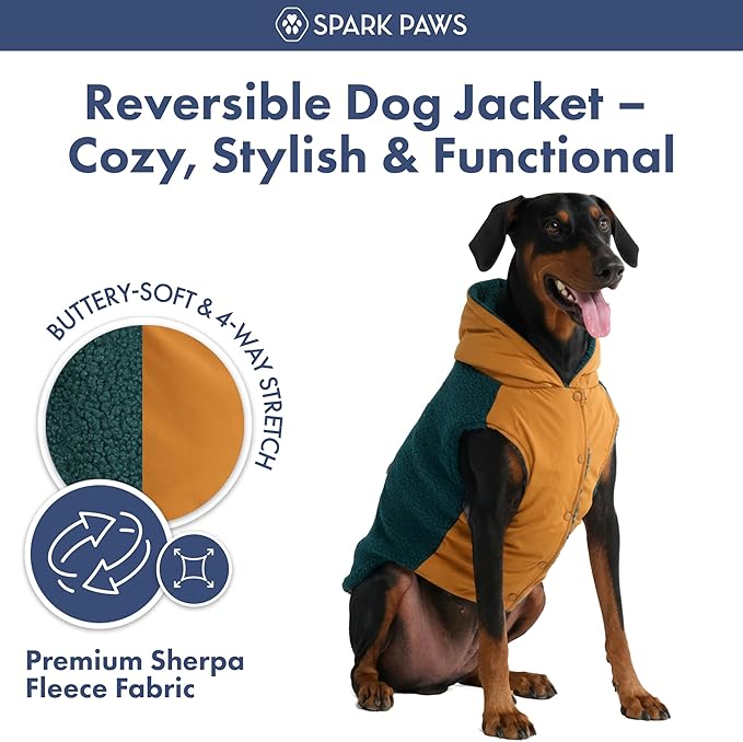Spark Paws Reversible Fleece Dog Jacket, Hooded Sweater Vest, Warm Coat for Winter - Suitable for Small Medium Large XL XXL Dogs - Orange and Green - M