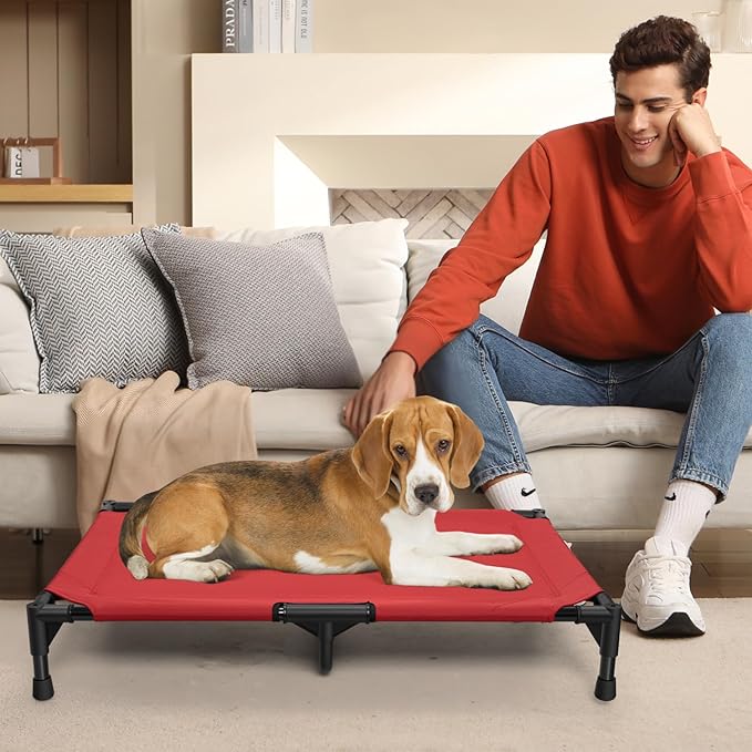 Love&go Elevated Dog Bed with Metal Frame, Cooling Raised Pet Cot for Dog and Cat (M - Red Bed, Medium-29.9x19.5x5.5 inch)