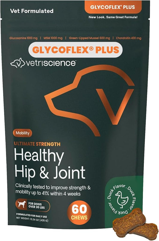 VetriScience Ultimate Strength Healthy Chews– Dog Glycoflex Plus Hip and Joint Supplement Glucosamine, MSM for Dogs & Green Lipped Mussel for Dogs, Duck, 60Count - New Look