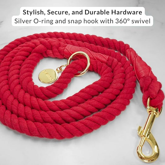 DJANGO Cotton Rope Dog Leash 5ft – Handcrafted Dog Leash and Red Braided Leash for Small, Medium, and Large Dogs – Durable 5 Foot Training Lead with Gold Hardware – Crimson Red