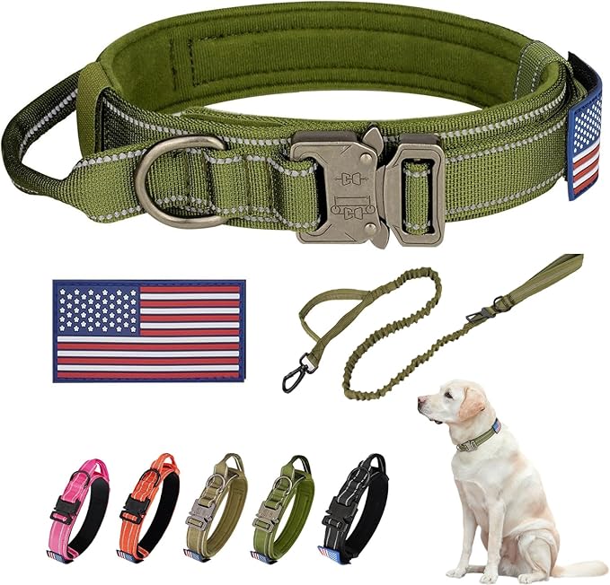 KCUCOP Heavy Duty Tactical Dog Collar and Leash Set, Military Training Nylon Reflective Collar with Handle Metal Buckle for Medium Large Dogs, Green, XL (1 Patch Included)