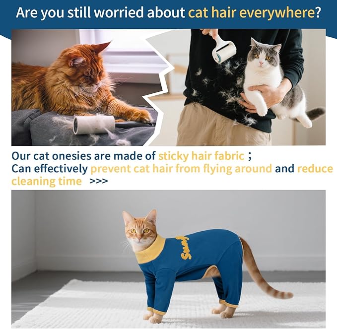 T'CHAQUE Sticky Hair Cat Onesie Pajamas, Soft Long Sleeve Cat Clothes, Anti-Shedding, Surgery Recovery Suit, Wound Protection & Preventing Licking, Kitten Sweaters for Male & Female-2XL