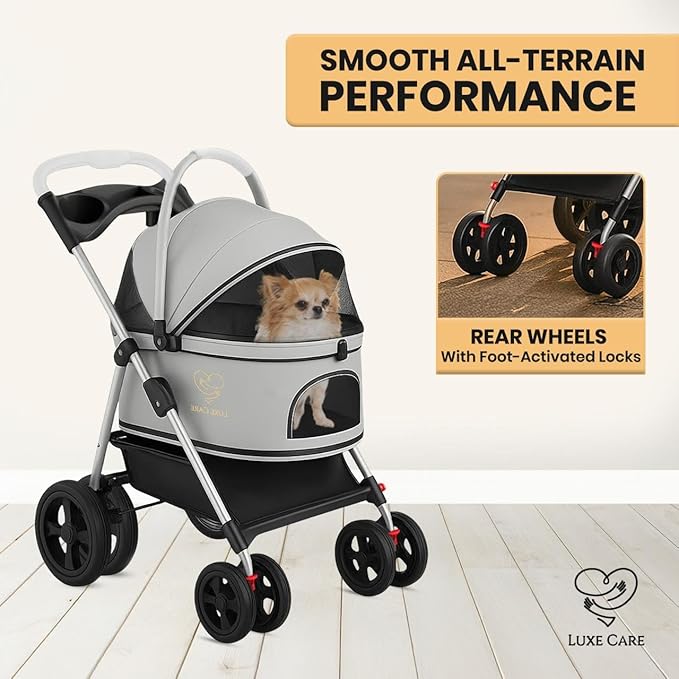 4 Wheel Foldable Pet Stroller - Lightweight Dogs and Cats Stroller Upto 50lbs with Mesh Canopy, Storage Basket and Cup Holder, Durable for Walks and Outings (Medium)