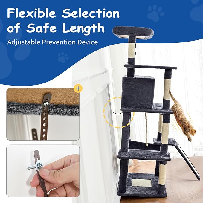 Cat Craft Cat Tree 63 Inch Cat Tower for Indoor Cats, Multi-Level Cat Tree for Large Cats 20 lbs+ Heavy Duty Cat Tower with Sisal Scratching Posts, Hammock, Condo and Extended Platform, Light Grey