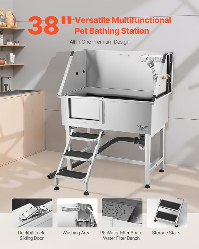 VEVOR 38 Inch Stainless Steel Dog Washing Station, Pet Grooming Tub with Hot & Cold Faucet, Showerhead, Home Wash Sink, Fits Small and Medium Cats and Dogs, Non-Slip Stairs (Left Door)