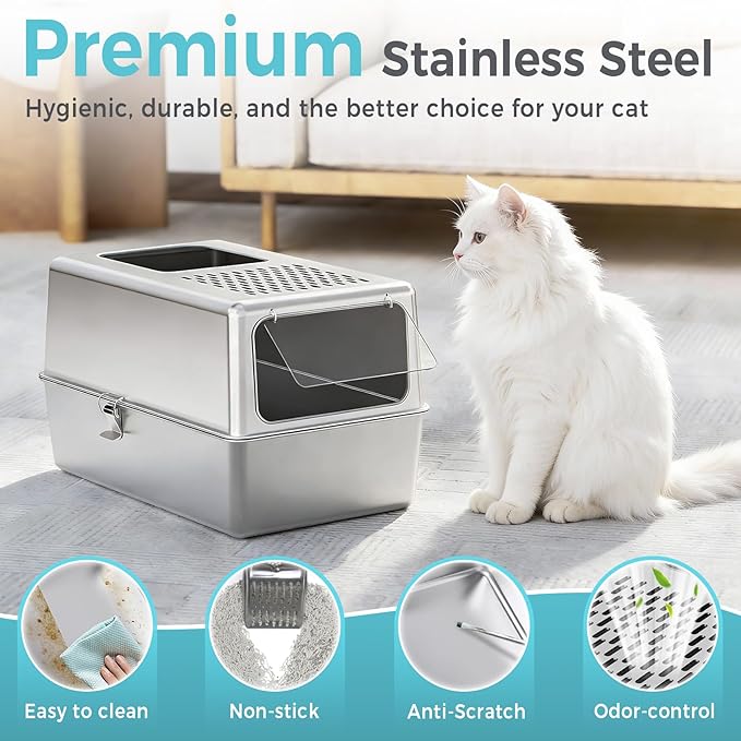 Petinstinct Large Enclosed Stainless Steel Litter Box with Lid, 19.7"x13.8"x13.8" High Sided Metal Cat Litter Box for Indoor Cats, Covered Dog Proof Kitty Litter Pan, Odor Free Tray, Non Sticky, L