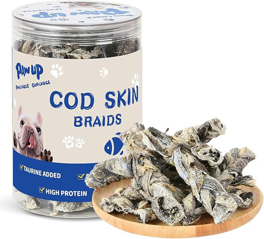 PAWUP Cod Fish Skin Braids Dog Treats Natural Dried Dog Snacks Sticks, High Omega-3 Single Ingredient Cod Skin Chews w/Taurine, 7 oz