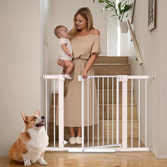 Mumeasy Baby Gate for Stairs - 29.6-46" Auto Close Dog Gate for Doorways, Extra Wide Child Gate Indoor, Walking Through Safety Gate for Kid, Pet Gates No Drilling White, Mom's Choice Awards Winner